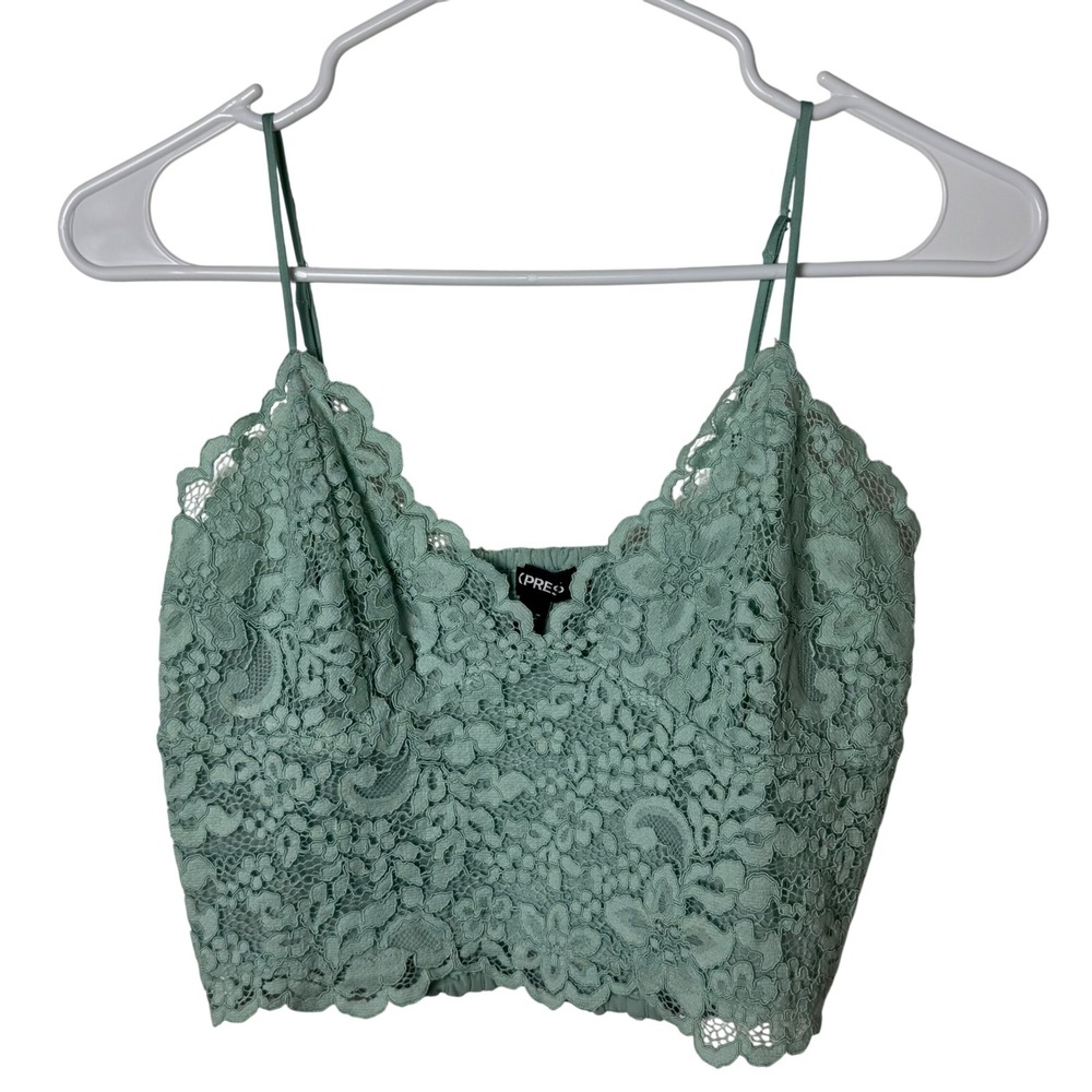 Express Lace Bralette Cami M Sage Green‎ Smocked Crop Coquette Y2K
